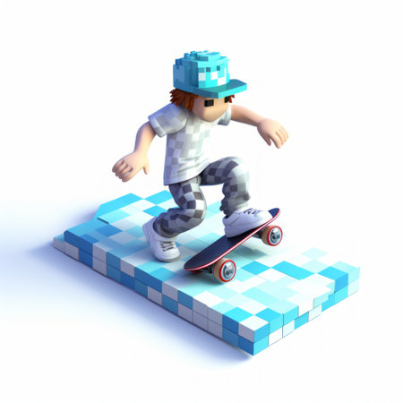 a small voxel art figure, wearing a cap and riding a skateboard, is captured in a dynamic action scene. the artwork features a low-angle perspective with a white and aquamarine color scheme. the artist skillfully uses common materials to create a smilecore-inspired, lit kid character. ai generatedの素材