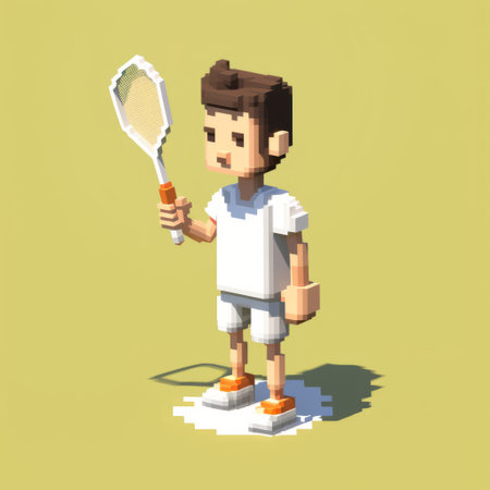 a male tennis player depicted in a 2d pixel vector art style, resembling organic sculpting. the artwork showcases a playful still life scene with a cartoon-like mise-en-scene. the color palette consists of light yellow and white tones. this artwork draws inspiration from the young british artists (ybas) movement and zuckerpunk aesthetics. ai generatedの素材