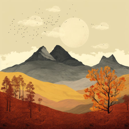 scottish mountains soar majestically in this aerial view, framed by the vibrant hues of autumn trees. the mid-century illustration style adds a touch of surrealism to the scene, with nostalgic elements in beige and amber tones. the orange and amber colors create a romantic and dramatic landscape, reminiscent of a captivating illustration. ai generatedの素材