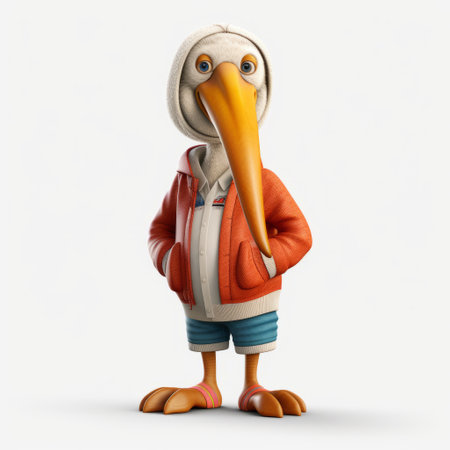 a cartoon bird wearing a red hat and jacket, along with an orange hat, is depicted in a realistic and hyper-detailed style. this playful character design, rendered in cinema4d, showcases a combination of dark white and light orange colors. the image captures a sense of suburban ennui with life-size figures, creating a slightly damp or soggy atmosphere. ai generatedの素材