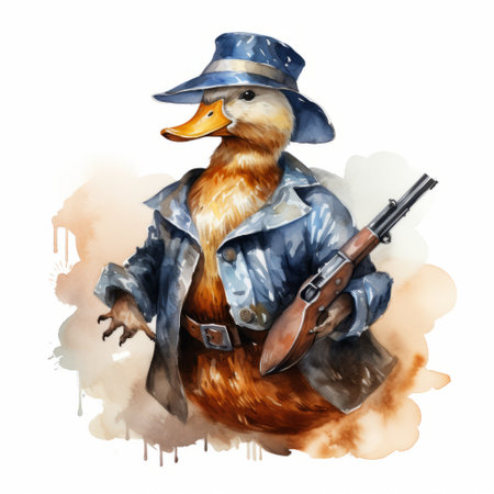 a duck, wearing sunglasses and holding a gun, is depicted in this realistic portrait painting. the artist has skillfully combined elements of fantasy characters with a touch of blue and amber hues, creating an enchanting watercolor artwork. the soggy yet characterized animals add a unique twist to this captivating piece, showcasing a whimsical style known as caninecore. ai generatedの素材