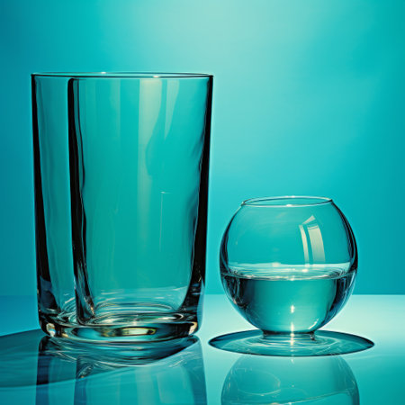 a blue reflection is captured in the glass of a cup, reminiscent of the style of hugh kretschmer and david burdeny. the oversized objects create a visually striking composition, enhanced by the light turquoise and light cyan hues. this still life study, taken with a rodenstock imagon 300mm f58 lens, evokes the artistic influence of julian opie. ai generatedの素材