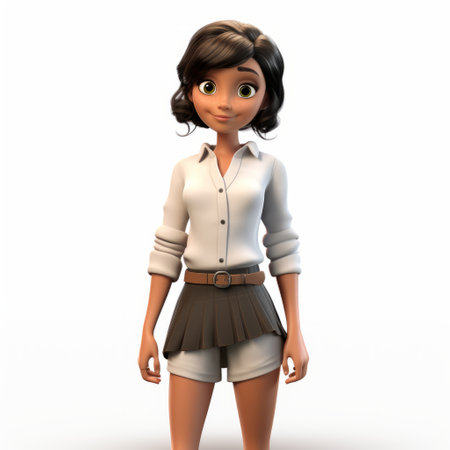 a 3d model of a girl wearing a white skirt and white shirt, inspired by the animated film pioneer rudy siswanto. this commissioned artwork showcases the youthful protagonists in a dark beige and black color scheme. the girl's cartoonish features and crisp, clean look add to the overall charm of the design. ai generatedの素材