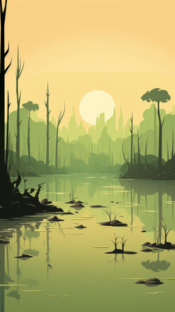 a watercolor painting of a river in a brown landscape, featuring abundant wildlife. the artwork is created in the style of digital fantasy landscapes, with a color palette of dark yellow and light emerald. the composition showcases flat shapes and flowing silhouettes, reminiscent of mysterious jungles and alien worlds. created using unreal engine, this artwork captures the essence of a captivating and otherworldly scene. aiの素材