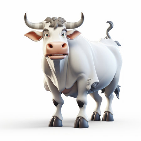 a 3d animated bull with exaggerated expressions and inventive character design. this 3d rendering showcases a white bull with a humorous tone, featuring balanced asymmetry and low resolution. the villagecore style adds a unique touch to this playful and eye-catching creation. ai generatedの素材