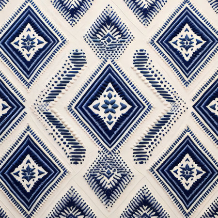 the traditional south america blue and white diamond pattern features a repeating design of blue and white diamonds with dark blue outlines on a light white background. the diamonds are evenly spaced and create a pleasing visual rhythm. this pattern, symbolizing south american heritage, is widely used in textiles and design, showcasing a deep, rich shade of blue and clean, bright white. ai generatedの素材