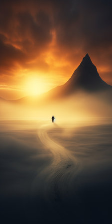 a photograph capturing the sun's radiant glow illuminating a solitary landscape, reminiscent of figurative art with a dreamy quality. this captivating image showcases photobashing techniques, evoking an adventurous theme. the long exposure technique beautifully captures the serene norwegian nature, while the uhd resolution allows for an immersive viewing experience. this image is a testament to the photographer's patience and artistic vision. ai generatedの素材