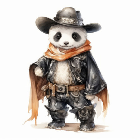 a panda wearing a leather outfit, western hat, scarf, and belt is depicted in this realistic fantasy artwork. the charming character illustration showcases the aquarellist's talent in capturing supernatural creatures with toy-like proportions. the panda's elaborate costume adds to the overall appeal of this artwork, which is reminiscent of the new fauves style. ai generatedの素材