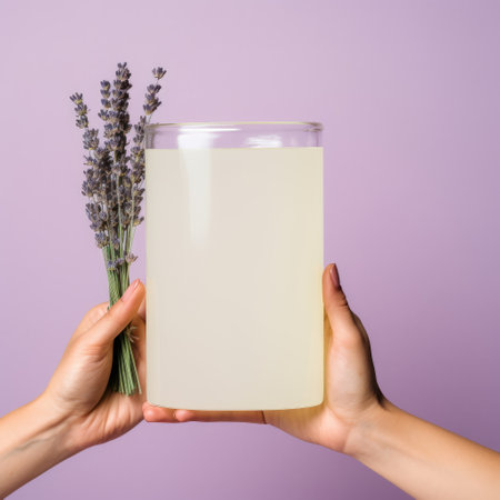 two women holding lavender flowers on a purple background. the photo showcases liquid light emulsion style with light yellow and light beige tones. the industrial and product design elements are evident, with glass as the primary material. the aesthetics of the farm security administration are reflected, featuring translucent water and oversized objects. ai generatedの素材