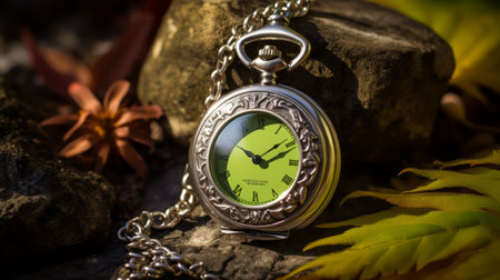 a large and vibrant yellow pocket watch stands out against the autumn backdrop in this photograph by dain gibson. captured in the troubadour style, the image showcases the watch's intricate details and the rich colors of the season. with a touch of dark romanticism, the light silver and green tones create a lively and dynamic atmosphere. ai generatedの素材