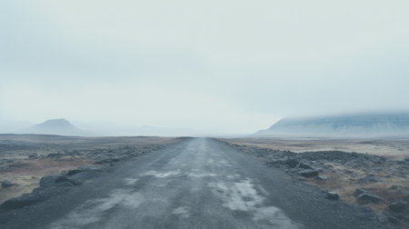 a foggy road cutting through desolate landscapes, captured in a raw and emotional style reminiscent of even mehl amundsen's photography. the light gray and cyan tones create a flattened perspective, enhancing the tabletop photography effect. this image showcases expansive landscapes and evokes a sense of solitude and mystery. ai generatedの素材