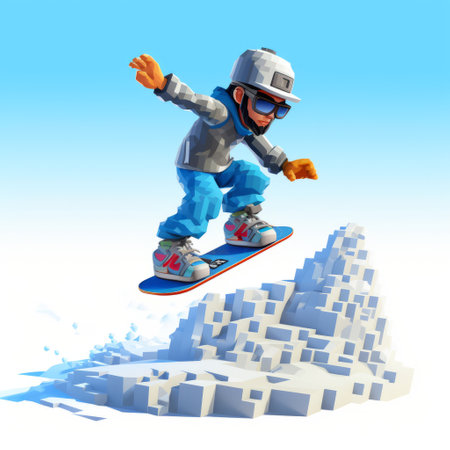 a snowboarder performs tricks on top of blocks in this hyper-detailed rendering. the style combines realistic and cartoonish features, showcasing the artist's skill in creating a lifelike scene. the cryengine technology enhances the rounded relief of the blocks, while the realistic blue skies provide a stunning backdrop. this artwork is reminiscent of the unique style of simon birch. ai generatedの素材