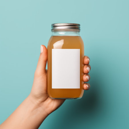 a person holds a jar of juice with an advertisement at the top. the artwork is in the style of bec winnel, avocadopunk, featuring tasteful use of negative space. the design incorporates elements of petcore, indigo, and amber, with hidden details packed throughout. the overall aesthetic is reminiscent of the works by beeple. ai generatedの素材