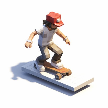 a small figure rides a skateboard on a white platform in the style of voxel art. the hyper-realistic details and detailed character design bring this 32k uhd image to life. with a light red and white color scheme, this engineering construction and design-themed isometric artwork is visually captivating. ai generatedの素材