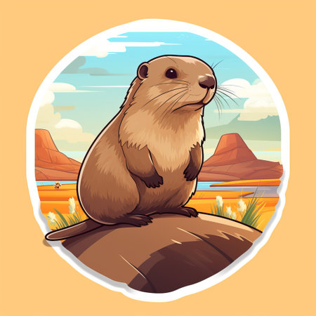 a badger perched on a rock in an open field, depicted in a simplistic and vibrant illustration style. the artwork captures the essence of desert landscapes with its warm amber tones and sky-blue hues. the image showcases the grandeur of the surroundings, while the badger is portrayed with rounded and intricately detailed character illustrations. ai generatedの素材