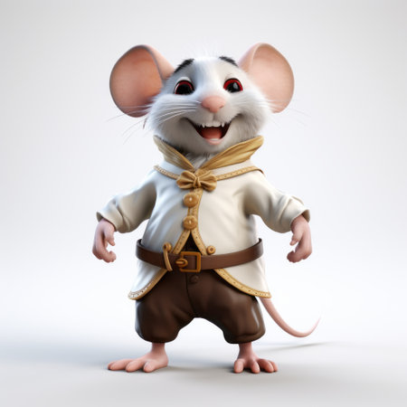 a cartoon mouse stands on a white background, showcasing hyperrealistic fantasy style reminiscent of elaborate costumes from animated films. the mouse's appearance is influenced by the baroque era, with a mix of dark white and light gold colors. its gentle expressions bring a touch of charm to this unreal engine-rendered artwork. ai generatedの素材