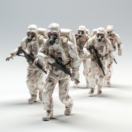 a 3d model of a zombie from modelers ai zombie army, featuring meticulous military scenes with a light white and light maroon color scheme. the image showcases depth of field and is created by matthias haker. the isolated figures give a futuristic sci-fi vibe, while explosive wildlife adds an extra element of excitement. ai generatedの素材
