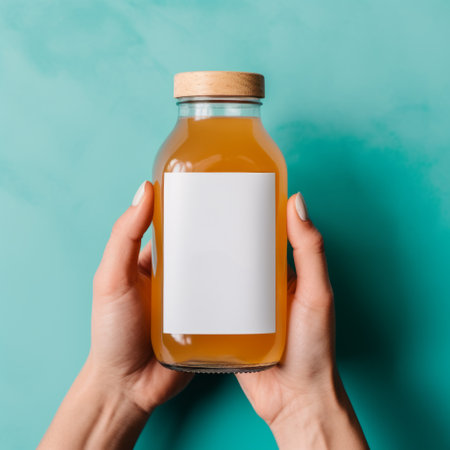 a woman, in the style of duckcore, malcolm howie, and unpolished authenticity, is holding a jar of juice mockup on a blue background. the colors of the mockup are light brown and light amber, giving it a mushroomcore vibe. the image is clear and crisp, reminiscent of the artistic style of nusch luard. ai generatedの素材