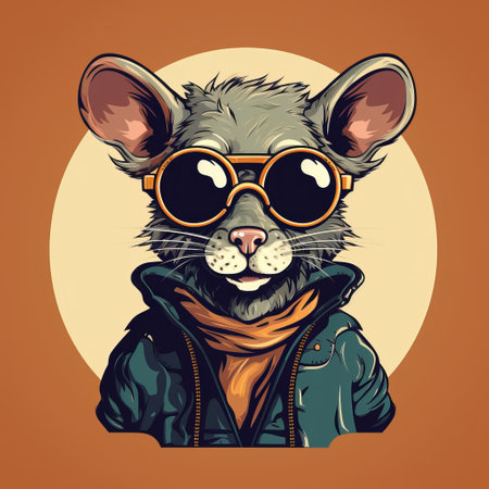 a mouse wearing sunglasses and a beanie is depicted in this cartoon-style composition. the image features moody colors, including shades of gray and amber, creating an industrialpunk aesthetic. the vivid color scheme adds a vibrant touch to the overall look. this unique portrayal of a mouse combines elements of celebrity portraits and characterized animals. ai generatedの素材