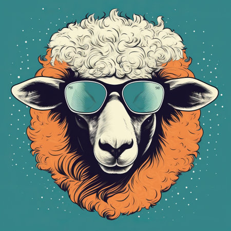 a sheep wearing sunglasses is depicted in this retro rock-inspired illustration. the sheep is adorned in dark orange and light cyan colors, giving it a vibrant and eye-catching appearance. the illustration is ultra-detailed, with a touch of luminescence, reminiscent of screen printing techniques. this lively artwork is reminiscent of the style often seen on archillect, known for its captivating and unique illustrations. ai generatedの素材