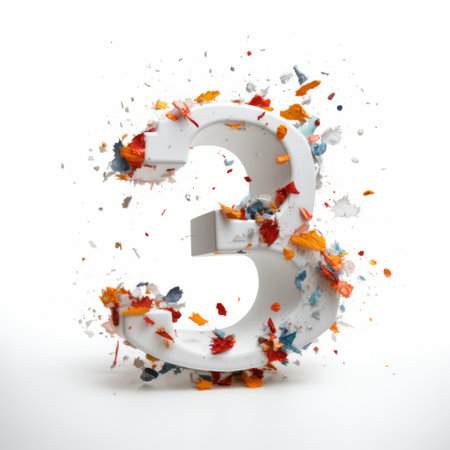 a 3d rendered image showcases a large pile of fall-colored pieces falling out of the letter "three". the image is created in the style of explosive pigmentation, with layered imagery and subtle irony. created by matthias haker, the monochromatic white figures add a unique touch to the scene. this image is reminiscent of nyc explosion coverage and can be found on a polished concrete website.の素材