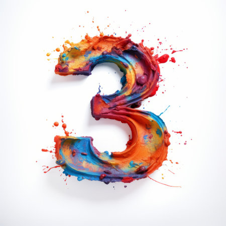 the number 3 is adorned with vibrant paint, showcasing an aggressive digital illustration style reminiscent of the gutai group. the hand lettering adds a creative storytelling element, while the majestic composition and expressive marks create a visually captivating image. shot on kodak vision3 film, this artwork is a true feast for the eyes. ai generatedの素材