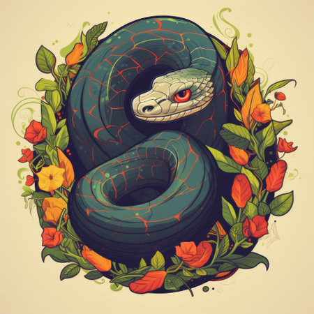 an illustration of a snake in a flower field, featuring street art elements. the image showcases a dark cyan and amber color palette, reminiscent of necronomicon illustrations. the illustration is rounded and sculpted, with a strong sense of realism. ai generatedの素材
