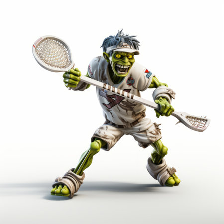 a zombie lacrosse player, dressed in a green shirt, grips a wooden bat. this photo captures the essence of grotesque satire and goblin academia, with a touch of irony. the ambient occlusion and high-speed sync techniques add depth and intensity to the image, making it visually captivating. inspired by the group f64, this photo is a unique blend of horror and sports. ai generatedの素材