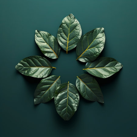 a circle of green leaves, arranged symmetrically on a vibrant green background, captures the essence of nature-inspired installations. the moody tonalism style, enhanced by vray tracing, creates a bold color palate that evokes a sense of tranquility. this captivating photo, reminiscent of carcore aesthetics, could easily grace the pages of national geographic. ai generatedの素材