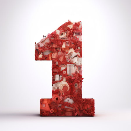 a number one sculpture created with a unique blend of toys, dolls, food, and captivating objects. this artwork showcases a combination of light red and light maroon tones, featuring fragmented icons and a photorealistic rendering. the composition includes social media icons, poured resin, and monochromatic layers, resulting in a high-quality photo with a visually striking appeal. ai generatedの素材