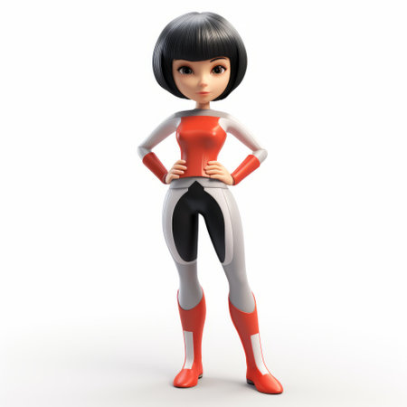 a 3d model of a human female posing and speaking to the camera. inspired by the styles of miki asai, ilya kuvshinov, and retro pop, this white and red model is made of rubber, giving it a clean and streamlined appearance. perfect for superhero-themed projects. ai generatedの素材