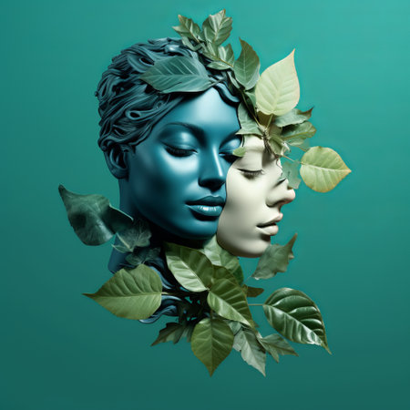 a woman's head adorned with leaves, showcasing a realistic depiction of the human form. the image features a captivating blend of dark cyan and green tones, creating a dreamlike atmosphere. the installation highlights environmental awareness through an eclectic montage of elegant and emotive faces, seamlessly combining natural and man-made elements. ai generatedの素材