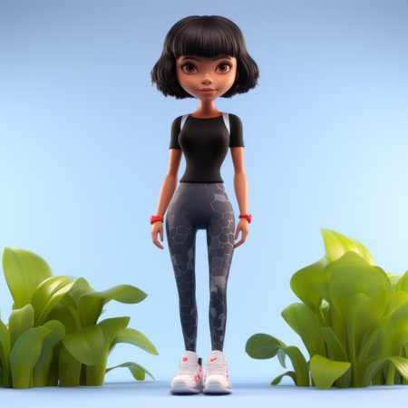 a 3d model of a woman wearing a black shirt and leggings, resembling quirky cartoonish characters. the model features highly detailed foliage and is captured with a soft focus lens. the style is influenced by the rinpa school and bill gekas, showcasing bold color fields and cartoon-like figures. ai generatedの素材