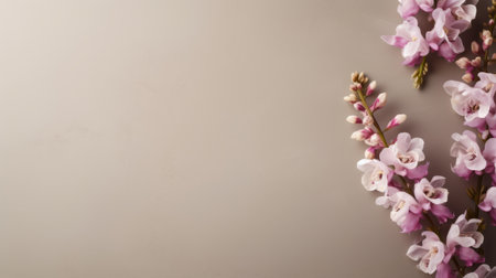 orchid flowers grace a grey canvas in this minimalist, uhd image. the delicate blooms, in shades of light pink and light bronze, create a serene and elegant atmosphere. the soft sculptures of cherry blossoms, with their light brown and purple hues, add a touch of whimsy to the composition. ai generatedの素材