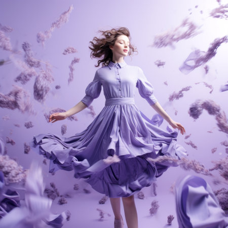 a woman in a vibrant florescent outfit stands gracefully with the sun shining on her face. the photo captures her in a dynamic motion, surrounded by a light purple background. the composition is scattered yet flowing, with fairytale-inspired elements and flowing fabrics adding to the overall aesthetic. ai generatedの素材