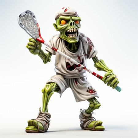 a zombie lacrosse player character is depicted in the background of this photo. the style of the image is reminiscent of meticulous photorealistic still lifes, with a simplified and sleek metallic finish. the overall aesthetic can be described as frogcore, combining elements of grotesque, sonian, gaudy, and grotesque. ai generatedの素材