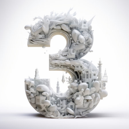a 3d collage featuring the number 3, showcasing elaborate artistic environments, subtle tonal values, intricate storytelling, environmental awareness, monochromatic white figures, mythological themes, and the use of organic materials. ai generatedの素材