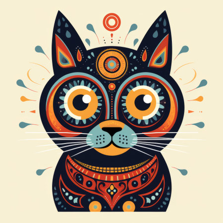 the photo showcases a vibrant cat with intricate patterns, combining light bronze and dark black hues. the psychedelic illustration style is evident, featuring inventive character designs with influences from mesoamerican art. the playful cartoon illustrations exhibit symmetrical balance, highlighted by the contrasting colors of light yellow and dark blue. ai generatedの素材