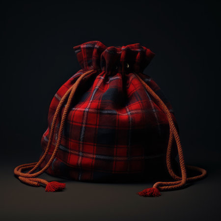 red and black plaid bag with a dark and moody chiaroscuro effect, rendered in unreal engine. the tondo-shaped bag features a consumer culture critique, showcasing a blend of dark orange and dark blue hues. captured with a petzval 85mm f22 lens, this photo exudes a unique and captivating aesthetic. ai generatedの素材