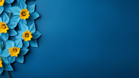 flower backgrounds on a blue background, resembling paper sculptures, with a dark azure and yellow color scheme. this minimalistic composition showcases highly detailed foliage in an innovative page design. the image is in 8k resolution and is created by maximilian pirner. ai generatedの素材