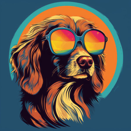 a dog wearing sunglasses, a t-shirt, and a hat in a pop art style. the artwork features a watercolor animal print with a dark cyan and light amber color scheme. the digital art techniques create a groovy and electric vibe, while the linear illustrations stand out against the dark sky-blue and amber background. ai generatedの素材