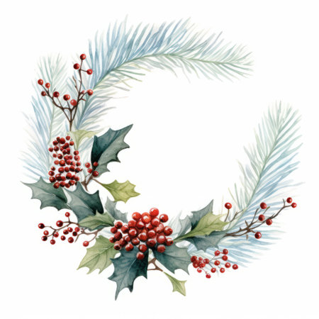 christmas wreath hand drawn in watercolour on a natural white background. the wreath is created with fine feather details, featuring elegant compositions in cranberrycore, exotic dark aquamarine, and red. this nature-inspired installation captures the beauty of the holiday season. created using the wollensak 127mm f47 ektar lens. ai generatedの素材