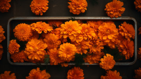 sprigs of orange flowers arranged in a metal tray against a backdrop of a vibrant blue sky. this captivating photo, reminiscent of the style of ando fuchs, showcases symmetry and repetition. inspired by mexican folklore, the sun-kissed palettes and close-up shots were expertly captured by environmental installation artist jessica drossin. ai generatedの素材