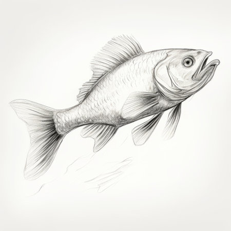a black and white sketch of a fish is depicted in a fluid dynamic brushwork style, reminiscent of golden age illustrations. the realistic lighting enhances the fish's features, while the light gray and light crimson hues add depth to the image. the eastern brushwork technique and bombacore elements contribute to the strong facial expression of the fish. ai generatedの素材