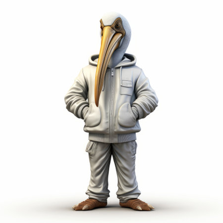 the artist, a bird of god, is depicted in a hyper-realistic urban style on a white background. the character resembles a cartoon-like figure with detailed costumes, set against gritty urban scenes. the color palette consists of dark white and light orange tones, giving a 3d effect to the artwork. this piece captures the essence of urban life. ai generatedの素材