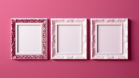three flower-shaped empty white frames stand out against a vibrant pink background in this 3d rendered image. the frames, reminiscent of revived historic art forms, feature mismatched patterns and draw inspiration from renaissance-inspired portrait miniatures. the bold color blocks and monochromatic artworks create a visually striking composition. perfect for adding a touch of artistic flair to any space. ai generatedの素材