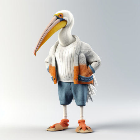 white pelican character animation showcasing a stylish costume design inspired by the artistic styles of john wilhelm, evgeni gordiets, normcore, and victor nizovtsev. this full-body, ultra-high-definition image captures the intricate details of the pelican's animated character, merging creativity and realism seamlessly. ai generatedの素材