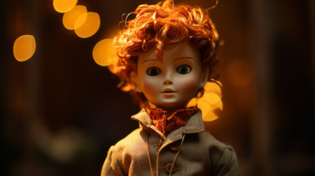 a captivating photo showcasing the beauty of a little red-haired subject, captured with the artistic style of the petzval 85mm f22 lens. the toy-like proportions add a whimsical touch, reminiscent of george herriman's art. the glowing lights create a mesmerizing atmosphere, while the dark beige and orange tones add depth. the uncanny valley realism and selective focus enhance the overall visual impact. ai generatedの素材
