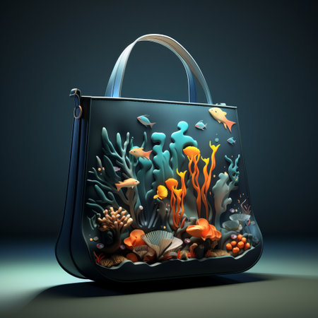 a 3d rendered handbag design by daniels schreiner, inspired by intricate underwater worlds and the artistic style of eiko ojala. this digital design showcases naturalistic shadows, conceptual embroideries, and a color palette of dark cyan and amber. the handbag features realistic marine paintings and whimsical cartoons, creating a unique and captivating accessory. ai generatedの素材