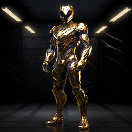 a remastered jpg illustration of a tetrapod gold suit, created in the style of unreal engine 5. this artwork showcases the human form with strong lighting contrasts, reminiscent of superheroes. the realistic still life composition features dramatic lighting and strong linear elements, while the use of aluminum adds a touch of modernity. ai generatedの素材